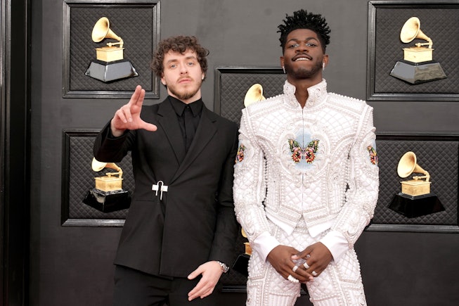 LAS VEGAS, NEVADA - APRIL 03: (L-R) Jack Harlow and Lil Nas X attend the 64th Annual GRAMMY Awards a...