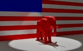 Rendering of a red elephant in a spotlight representing the Republican Political Party in front of t...