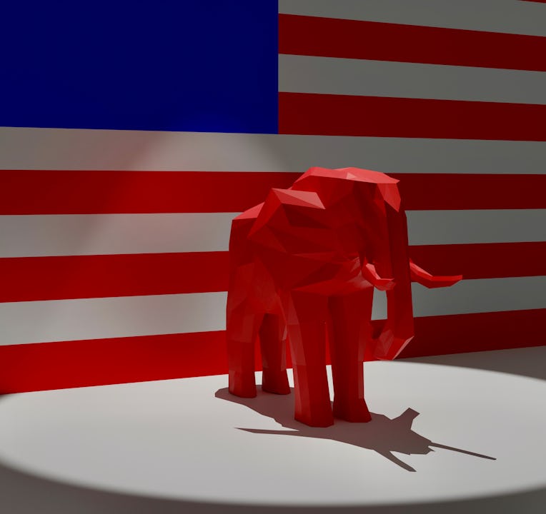 Rendering of a red elephant in a spotlight representing the Republican Political Party in front of t...