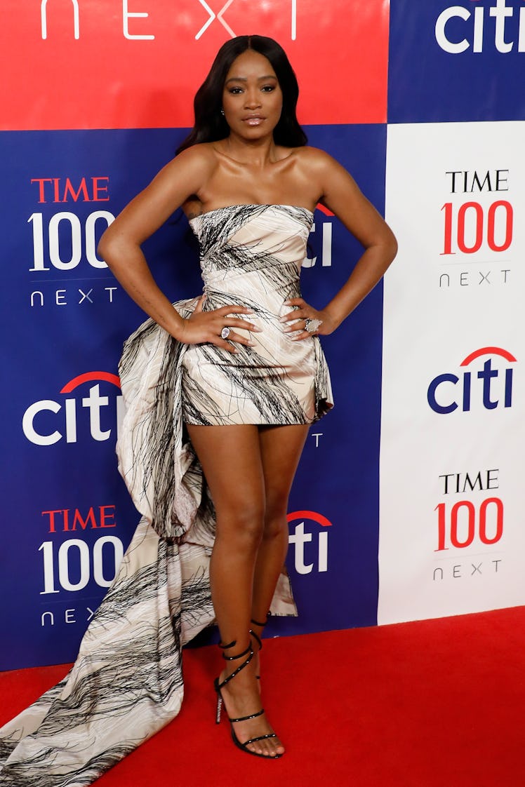Keke Palmer at Time 100 Next in a mini strapless dress with an attached train 