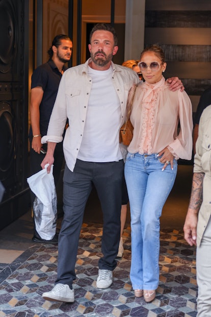 Jennifer Lopez and Ben Affleck are seen leaving the Costes Hotel 