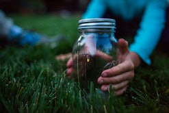 A person holding a jar with a firefly in it during a slow lazy summer