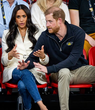 THE HAGUE, NETHERLANDS - APRIL 17: Prince Harry, Duke of Sussex and Meghan, Duchess of Sussex attend...