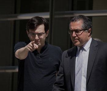 NEW YORK, NY - AUGUST 4: Former pharmaceutical executive Martin Shkreli points as he exits the court...