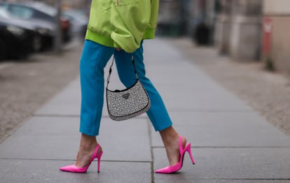 BERLIN, GERMANY - APRIL 01: Sonia Lyson is seen wearing Lumina green light bomber jacket, Lumina gre...
