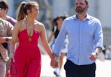 Jennifer Lopez and Ben Affleck are seen strolling near the Louvre Museum on July 24, 2022 in Paris, ...