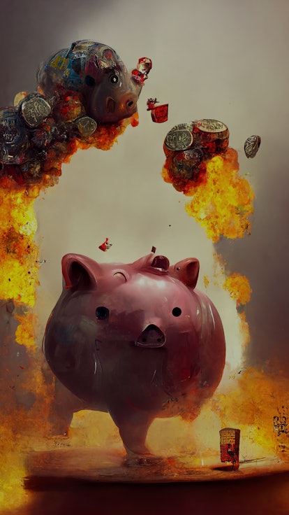 Exploding Piggy Bank. Financial crisis concept.  DGI image