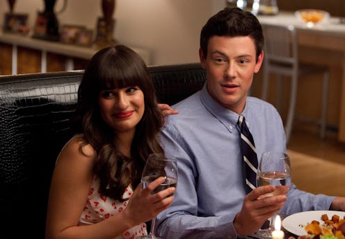 GLEE: Rachel (Lea Michele, L) and Finn (Cory Monteith, R) have dinner with her dads in the "Heart" e...