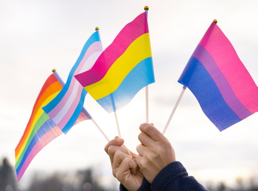 Hands holding pride flags in the sky