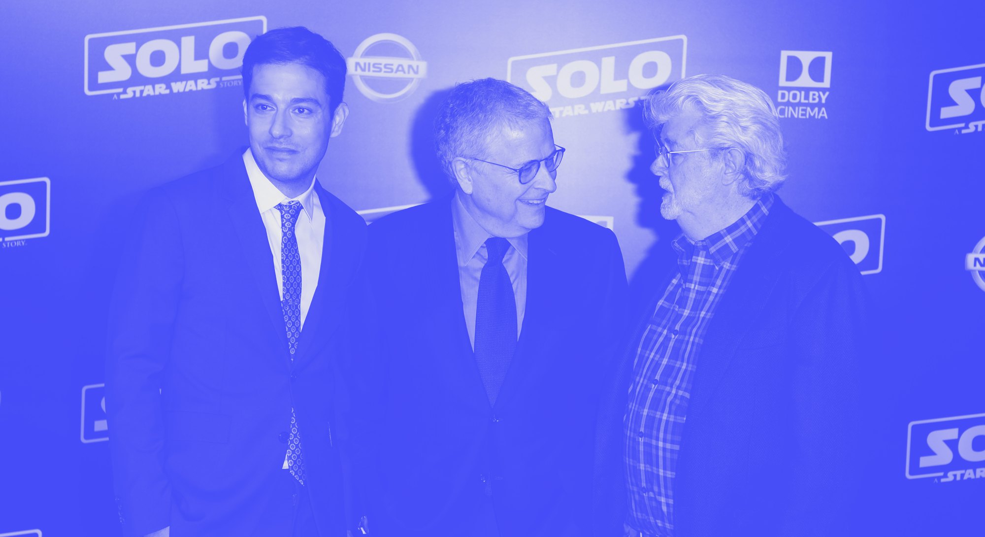 HOLLYWOOD, CA - MAY 10:  Jonathan Kasdan, Lawrence Kasdan and George Lucas attend the premiere of Di...