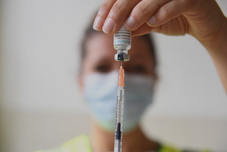 A photograph shows a syringue with a dose of the Monkeypox vaccine at the Edison municipal vaccinati...