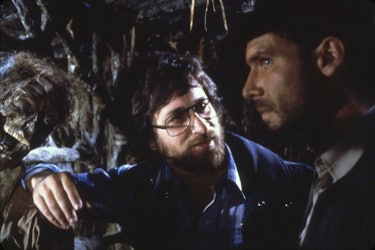 American actor Harrison Ford and director Steven Spielberg on set 