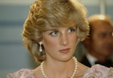 Princess Diana wearing pearl jewellery set and a Catherine Walker dress at a Gala concert hall in Me...