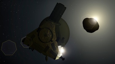 New Horizons probe passing 2014 MU69, illustration. In 2015, the NASA probe New Horizons famously ar...