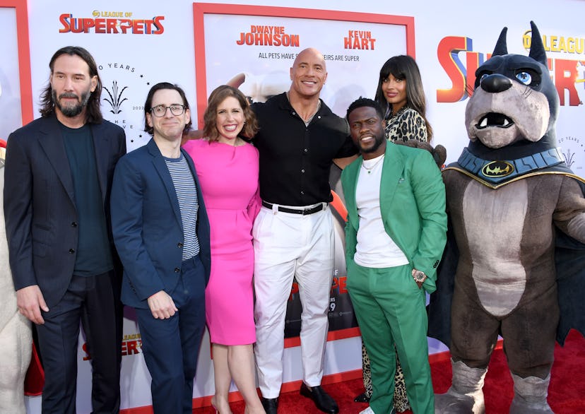 Keanu Reeves, Jared Stern, Vanessa Bayer, Dwayne Johnson, Kevin Hart and Jameela Jamil attend "DC Le...