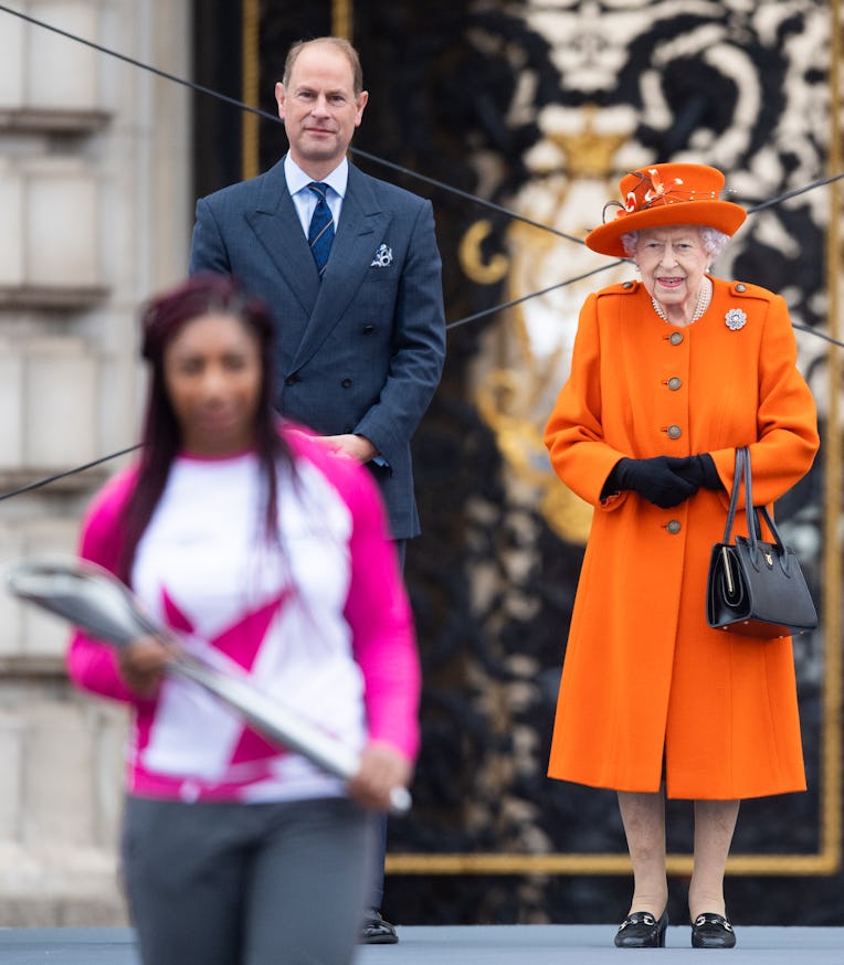 LONDON, ENGLAND - OCTOBER 07: Queen Elizabeth II and Prince Edward, Earl of Wessex during the Baton ...