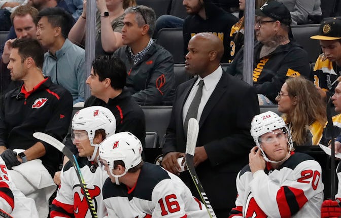 BOSTON, MA - SEPTEMBER 25: New Jersey Devils assistant coach Mike Grier during a preseason game betw...