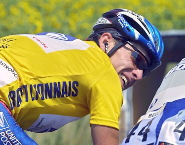 the leader of the US Postal team, US Lance Armstrong rides near sunflowers during the 15th stage of ...