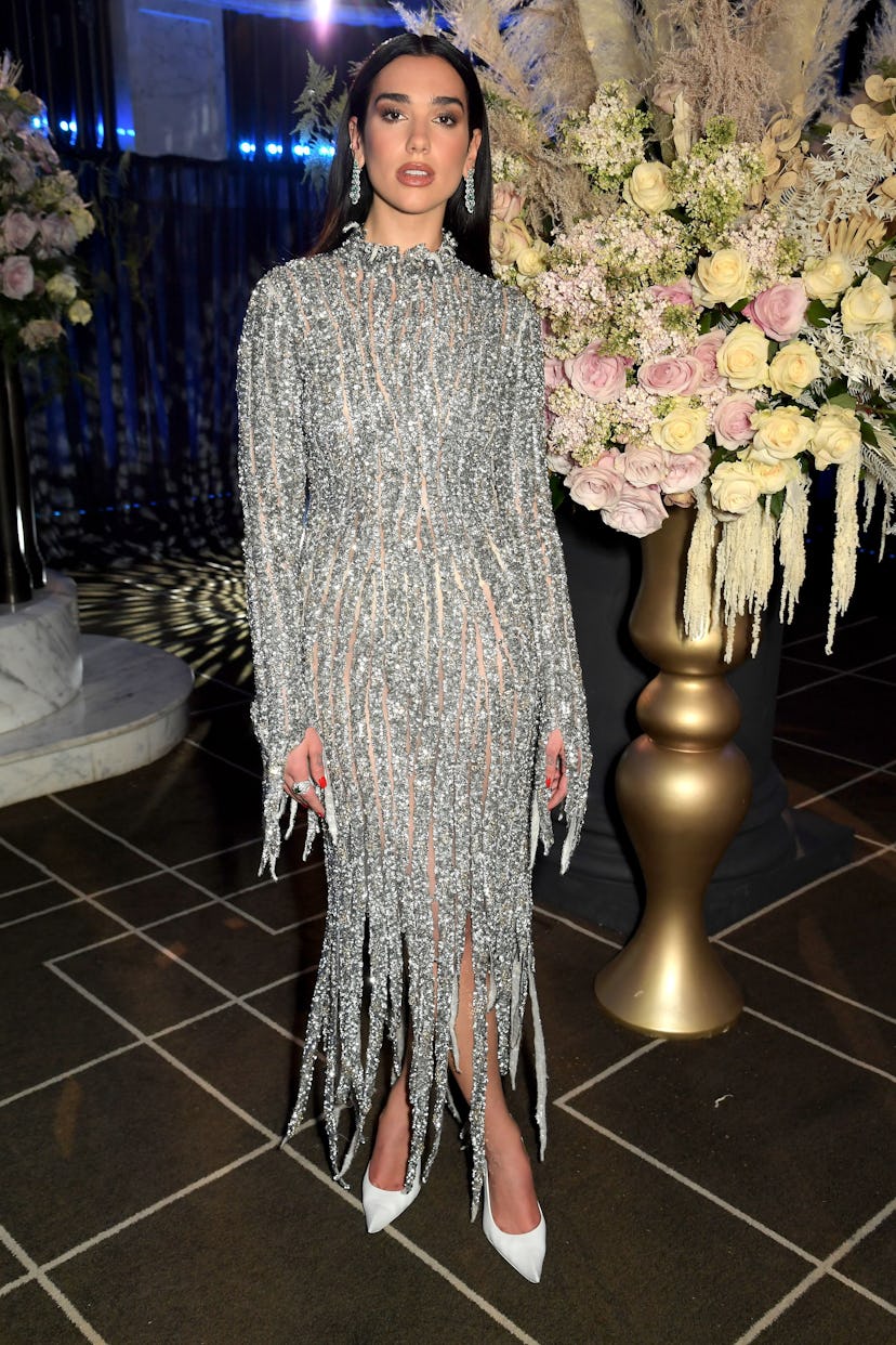 Dua Lipa wearing a Balenciaga Fall 2021 dress at the Elton John Foundation Gala.