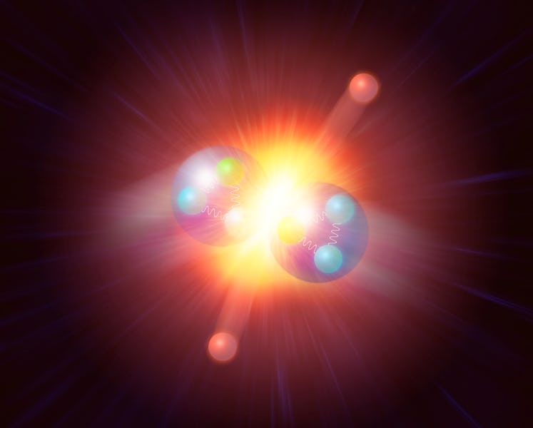 Conceptual illustration of the Higgs particle (orange, top and bottom) being produced by colliding t...