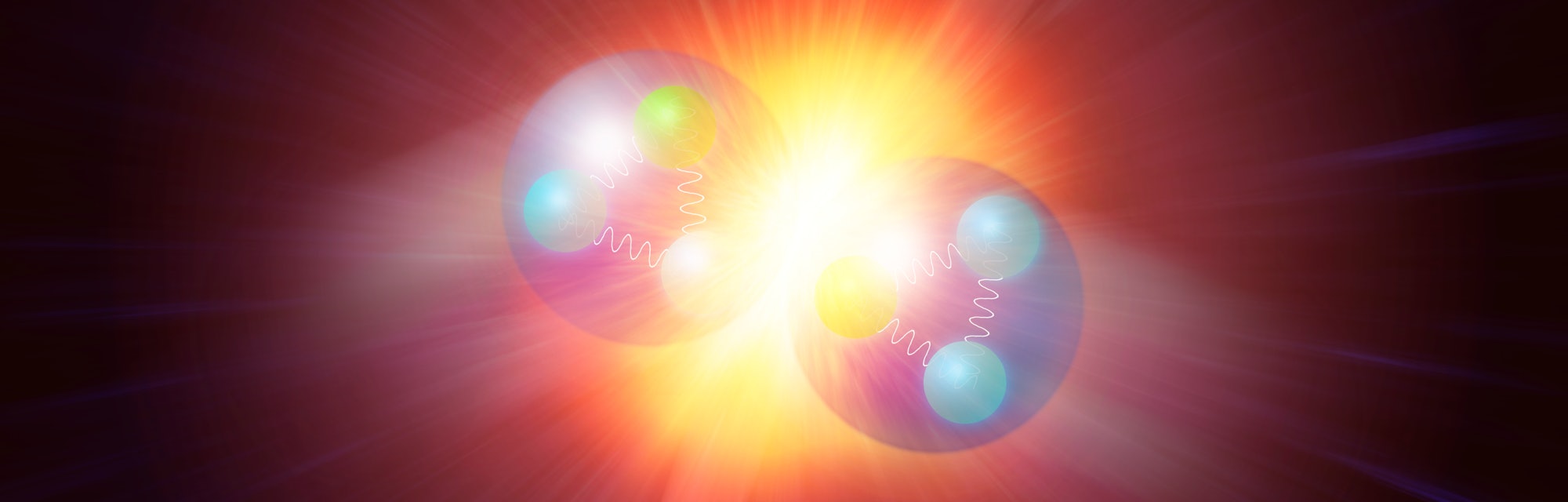 Conceptual illustration of the Higgs particle (orange, top and bottom) being produced by colliding t...