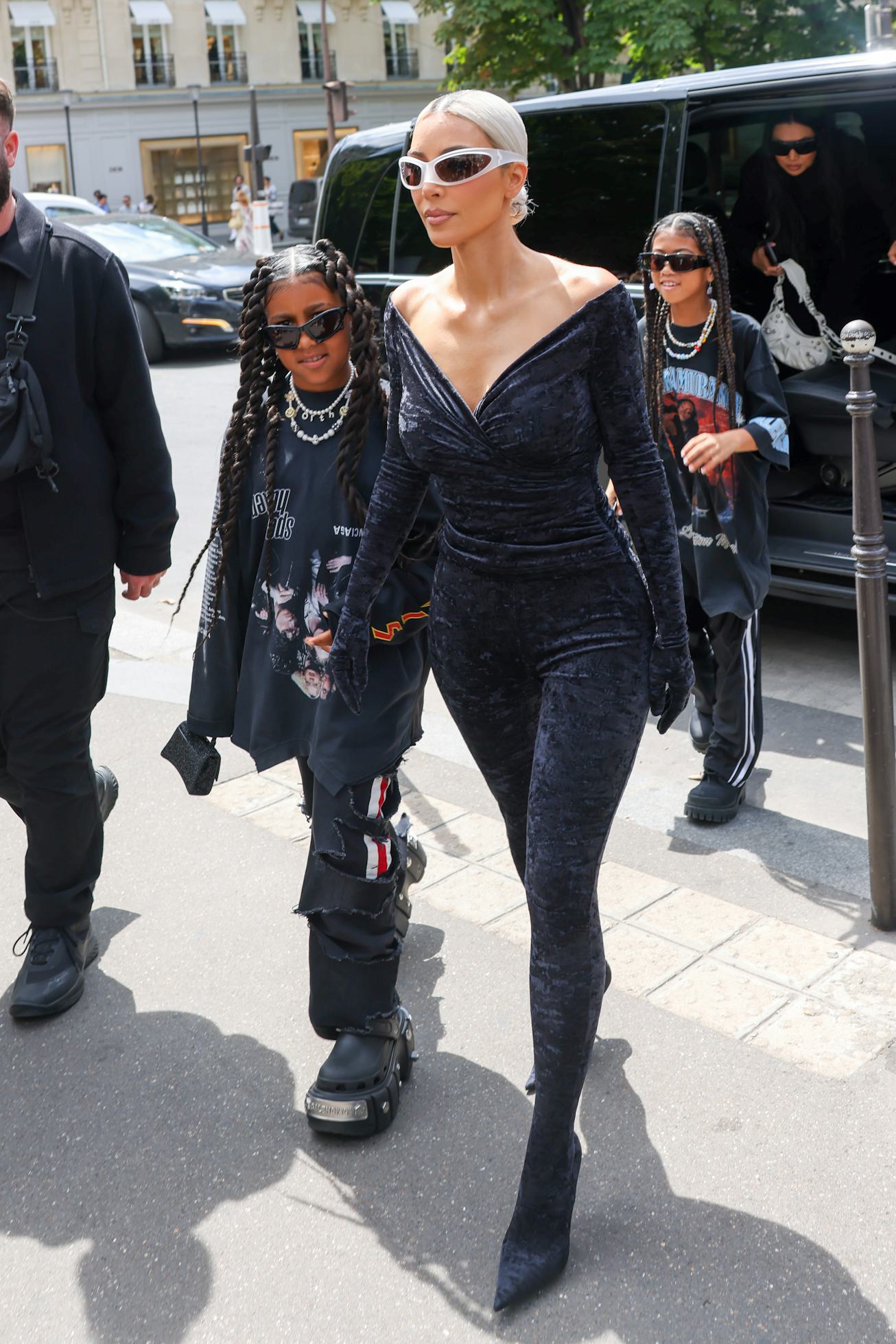 PARIS, FRANCE - JULY 06: Kim Kardashian and North West arrive at a restaurant  on July 06, 2022 in P...