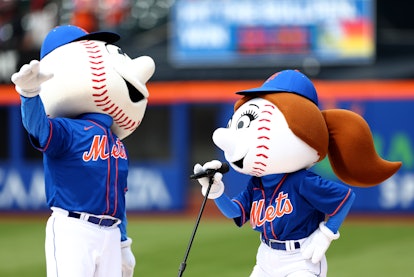 NEW YORK, NEW YORK - MAY 03:  Mr. Met and Mrs. Met perform before game one of a double header betwee...