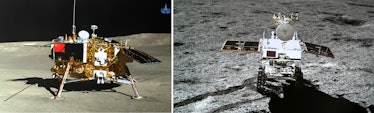 BEIJING, Jan. 11, 2019 -- Left part of the combo photo shows the lander of the Chang'e-4 probe taken...