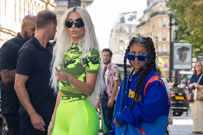 Kim Kardashian and North West are seen during the Paris Fashion Week on July 05, 2022 in Paris, Fran...