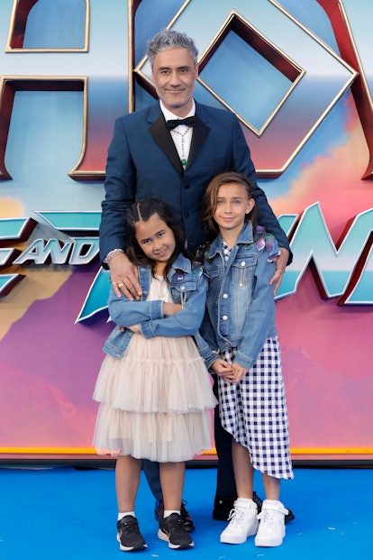 Taika Waititi with his children at the UK Gala screening of "Thor: Love and Thunder" on July 05, 202...