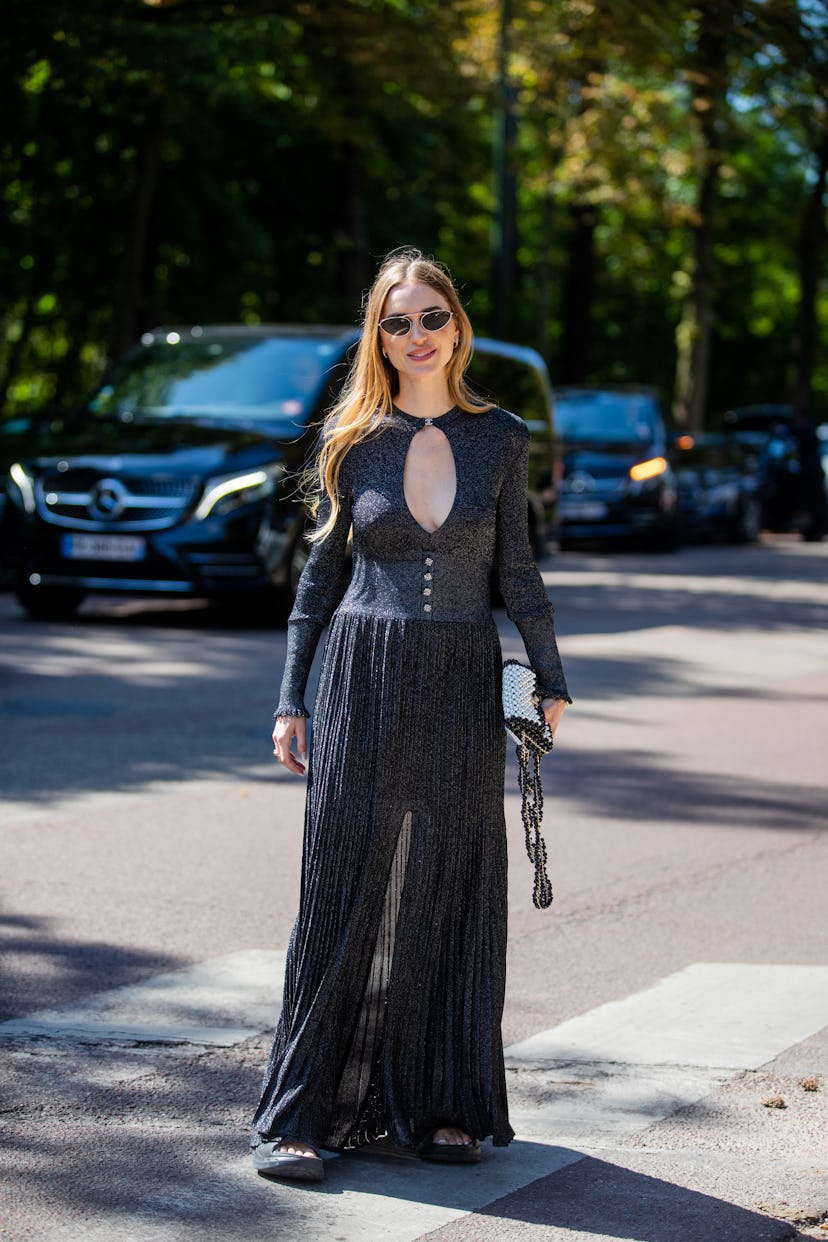 PARIS, FRANCE - JULY 05: Pernille Teisbaek seen wearing black dress, silver bag outside Chanel outsi...