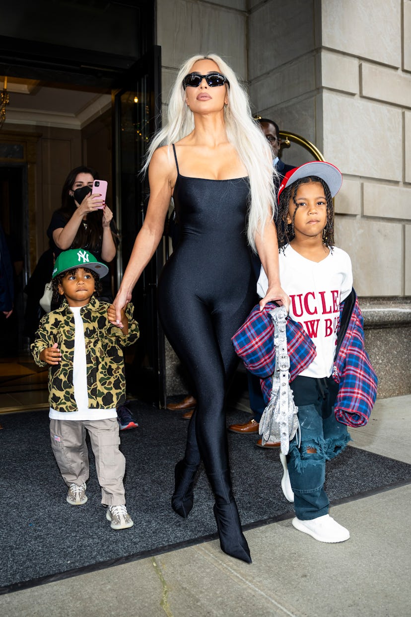 Psalm West, Kim Kardashian and Saint West are seen in Midtown on June 21, 2022 in New York City.