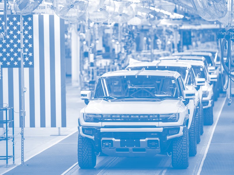 DETROIT, MI - NOVEMBER 17: A general view of GMC Hummer EVs is pictured on November 17, 2021 at Gene...