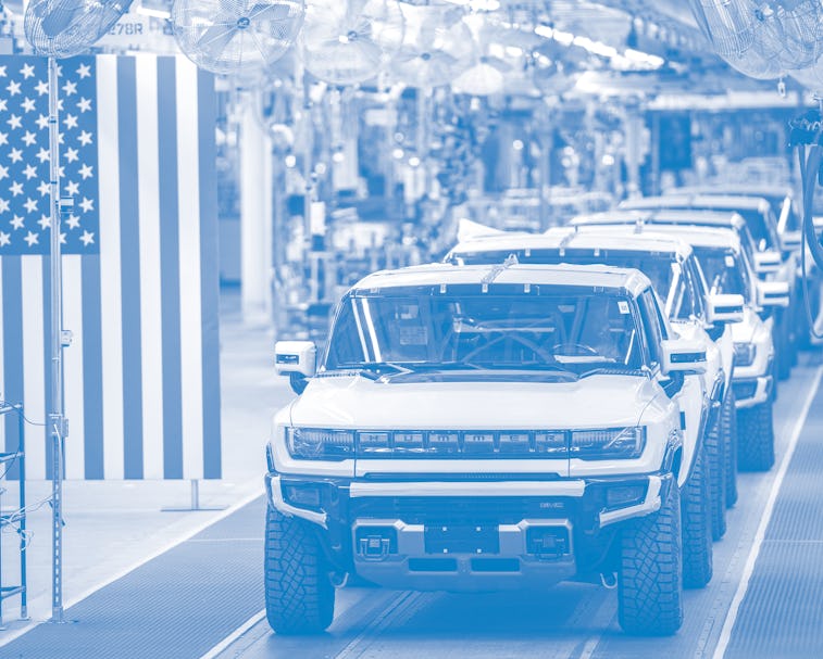 DETROIT, MI - NOVEMBER 17: A general view of GMC Hummer EVs is pictured on November 17, 2021 at Gene...