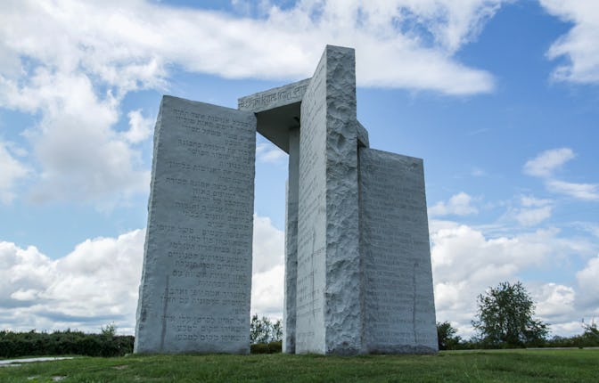 Elberton, GA, USA - August 23, 2015: The Georgia Guidestones, a mysterious granite monument, standin...