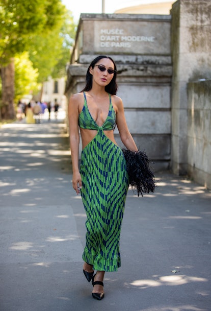 PARIS, FRANCE - JULY 04: A guest is seen wearing green dress outside Georges Hobeika during Paris Fa...