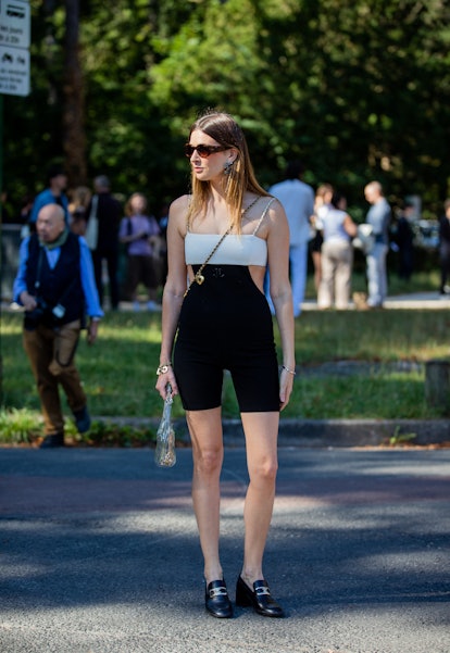 PARIS, FRANCE - JULY 05: Camille Charriere seen wearing black leggings, white top, body outside Chan...
