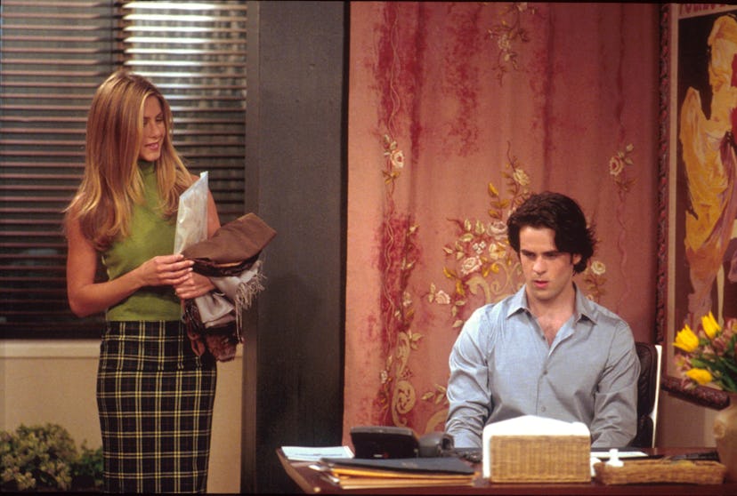 382997 02: Jennifer Aniston (as Rachel) and Eddie Cahill act in a scene from "Friends" (Season 7, "T...