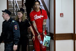 US WNBA basketball superstar Brittney Griner arrives to a hearing at the Khimki Court, outside Mosco...