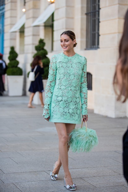PARIS, FRANCE - JULY 04: Olivia Palermo wearing green mint dress, bag, silver shoes seen outside dur...