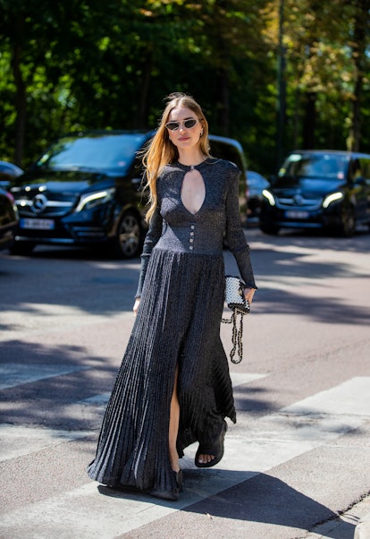 PARIS, FRANCE - JULY 05: Pernille Teisbaek seen wearing black dress, silver bag outside Chanel outsi...
