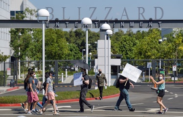 Blizzard Entertainment employees and supporters protest for better working conditions in Irvine, CA,...