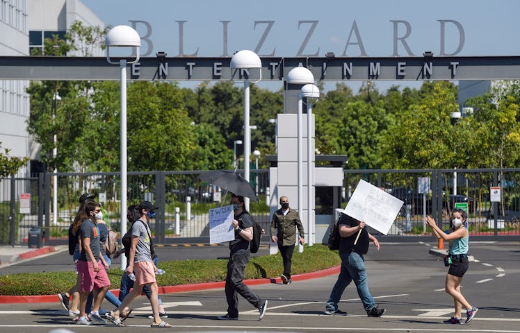 Blizzard Entertainment employees and supporters protest for better working conditions in Irvine, CA,...