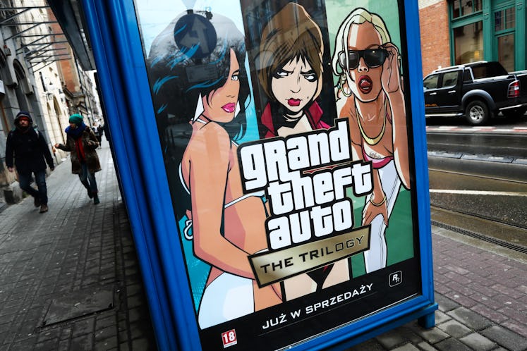 Grand Theft Auto The Trilogy video game ad is seen on a tram stop in Krakow, Poland on December 19, ...
