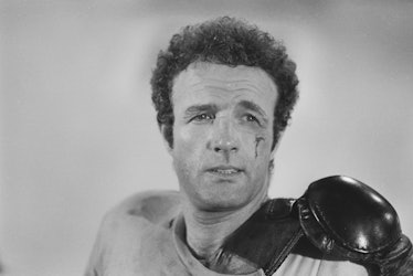 American actor James Caan on the set of the film 'Rollerball', in which he plays the hero Jonathan E...