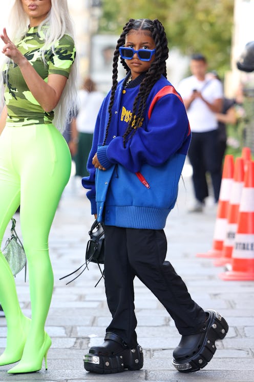 PARIS, FRANCE - JULY 05: Kim Kardashian and North West are seen leaving the Jean-Paul Gaultier headq...