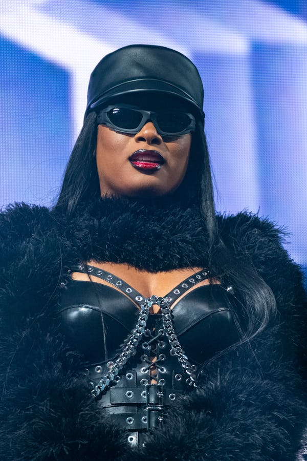 Megan Thee Stallion wearing wraparound sunglasses at Glastonbury Festival
