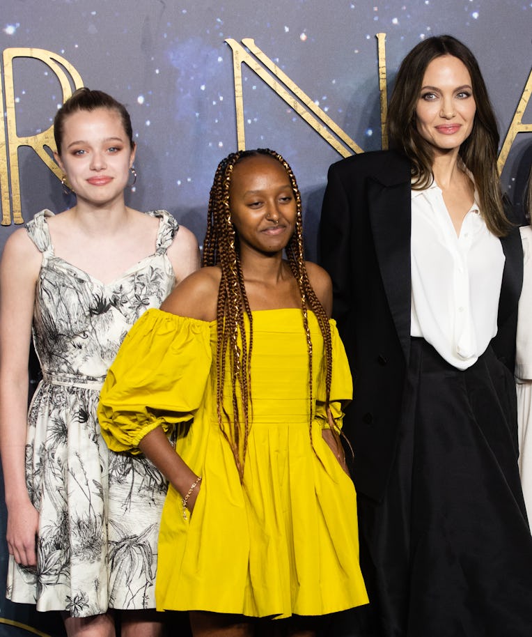LONDON, ENGLAND - OCTOBER 27: (L-R) Shiloh Jolie-Pitt, Zahara Jolie-Pitt and Angelina Jolie attend t...