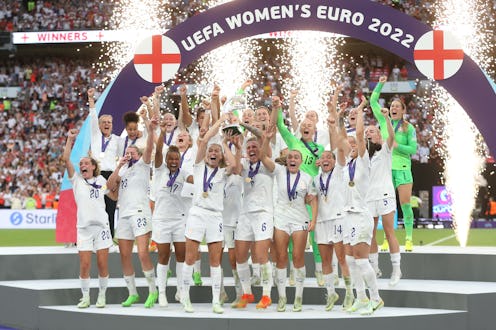 LONDON, ENGLAND - JULY 31: England lift the trophy during the UEFA Women's Euro England 2022 final m...
