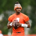 BEREA, OH - JUNE 14: Deshaun Watson #4 of the Cleveland Browns runs a drill during the Cleveland Bro...
